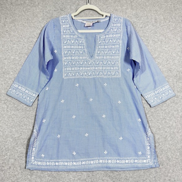 Gretchen Scott Designs Tops - Gretchen Scott Top‎ Womens Medium Embroidered Tunic Popover Blue Stripe Coastal